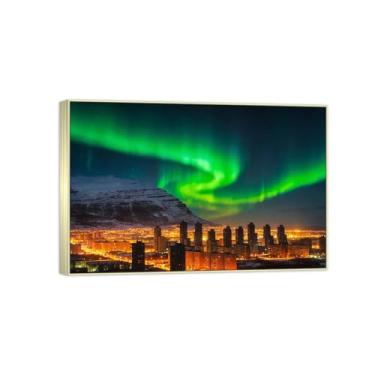 Imagem de BMZFYBS Impressão em tela de paisagem pronta para pendurar - Edifícios da cidade aurora - pintura de arte de parede - decoração moderna para casa quadro prata 50 x 75 cm 20 x 30 pol