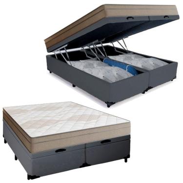 Imagem de Cama Box Baú Casal Bipartido Sintético + Colchão De Molas Ensacadas Portobel Ipanema 138x188x66cm Cinza