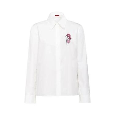 Imagem de Camisa Casual Feminina De Verão Com Bordado E Gola, Manga Longa, Estil