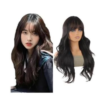 Imagem de Peruca Sintética Longa Lisa E Cacheada Com Franja E Rabo De Cavalo, Ex