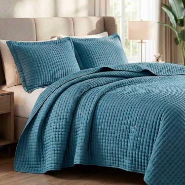 Imagem de Kit Cobre Leito Colcha Claire King 3 Peças Micropercal 300 Fios Bordado - Azul - 100% P...