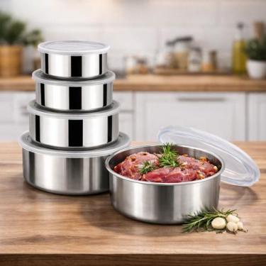 Imagem de Jogo Kit 5 Potes Herméticos Inox Conjunto Redondo Com Tampa - Ideal