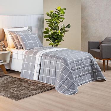 Imagem de Kit Cobre Leito Minimalista Solteiro 02 Peças Micropercal 200 Fios - Cinza Com Branco