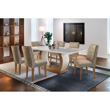 Imagem de Sala de Jantar Completa Jade Tampo Madeirado c/ Vidro Canto Curvo 180x90cm e 6 Cadeiras Lunara Imbuia/Suede Capuccino - Rufato