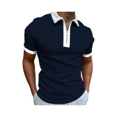 Imagem de Camisa Polo Masculina De Verão Com Padrão Listrado, Manga Curta, Zíper