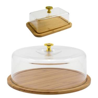 Imagem de Boleira Porta Bolo Torta Base Bambu Tampa Acrílico Pegador Dourado - -