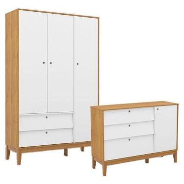 Imagem de Cômoda Sapateira E Guarda Roupa Unique 3 Portas Freijó Branco Soft Eco