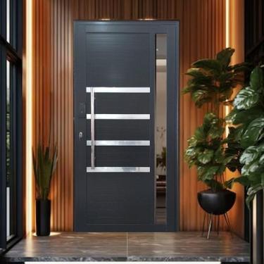 Imagem de Porta Pivotante de Alumínio 210 x 100cm com Visor, Friso e Fechadura D