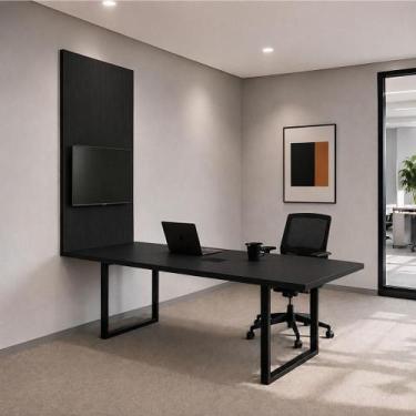 Imagem de Mesa Reunião Industrial 200cm com Caixa de Tomadas e Painel TV F5 Offi