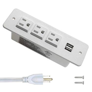 Imagem de Faixa de energia embutida para conferência com tomada USB montável para mesa de trabalho embutida, com gaveta, 3 m, cabo de alimentação resistente branco