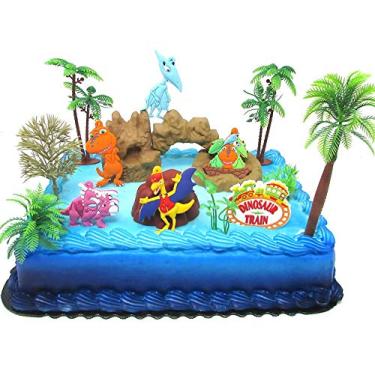 Imagem de Conjunto de topo de bolo de aniversário de trem de dinossauro com cauda de dinossauro, amigos e acessórios temáticos decorativos