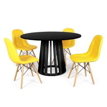 Imagem de Conjunto Mesa de Jantar Redonda Talia Preta 120cm com 4 Cadeiras Eiffel Botonê - Amarelo
