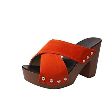 Imagem de Sandálias de verão salto quadrado plataforma rebanho casual rebite bombas peep toe feminino elegante sapatos femininos, Laranja, 35 M EU