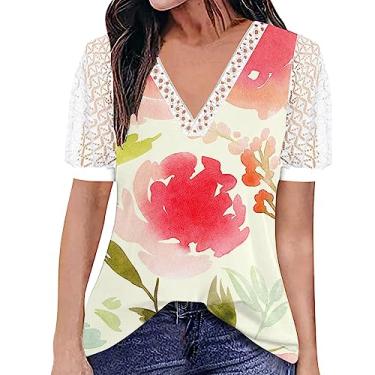 Imagem de Blusas femininas de malha de renda, plus size, manga curta, blusas fofas de algodão para o verão, Vermelho melancia, G