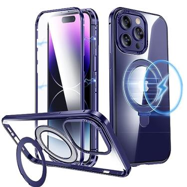 Imagem de MAGIC JOHN Capa para iPhone 14 Pro de 6,1 polegadas, capa de proteção de corpo inteiro com suporte magnético [capa frontal de vidro temperado 9H] amortecedor de metal [compatível com Magsafe] proteção de nível militar, roxo