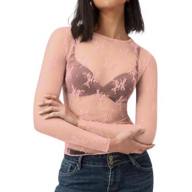 Imagem de AKEWEI Blusa feminina de malha de manga comprida, gola redonda, sexy, transparente, festa, clube, noite, renda, Rosa claro, G