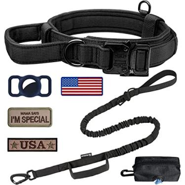 Imagem de OEBEESA Conjunto tático de coleira e guia para cães: coleira de nylon militar ajustável com alça para absorção de choque retrátil forte para cães de médio e grande porte com adesivos de suporte para Airtags