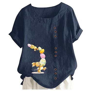 Imagem de Camiseta de Páscoa feminina de linho com estampa de coelho, manga curta, gola redonda, túnica, caimento solto, camisa de verão, Azul, M