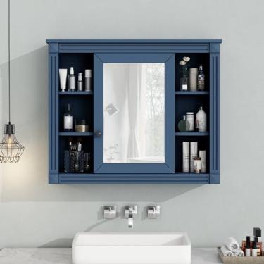 Imagem de GOWE Armário de armazenamento de banheiro montado na parede azul royal, 89 cm x 71 cm, armário de parede de banheiro moderno com espelho, armário com 6 prateleiras abertas (não inclui penteadeira de