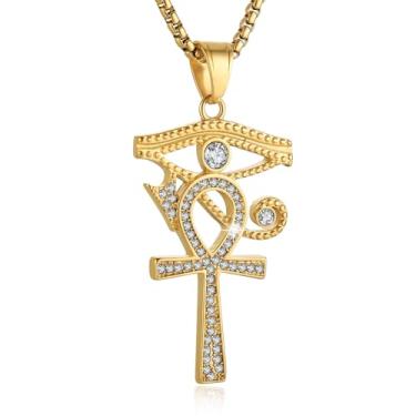 Imagem de AsAlways Colar com pingente de cruz e olho de Hórus banhado a ouro CZ Hip-hop Egito Antigo Pingente Colar Perfeito Mito Joias Presente, Aço inoxidável, Zircônia cúbica
