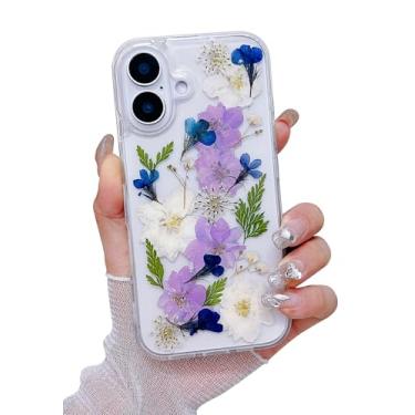 Imagem de MUNDULEA Capa protetora para iPhone 16 Plus compatível com iPhone 16 Plus com flores secas prensadas para mulheres e meninas flexível TPU verdadeiro floral à prova de choque para iPhone 16 Plus (roxo)