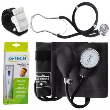 Imagem de Kit Acadêmico Esfigmo + Esteto + Garrote + Termômetro + Case (PRETO)