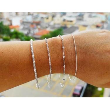 Imagem de Kit 4 Pulseiras Femininas Pipoca Portuguesa Bola E Rabo De Rato Prata 