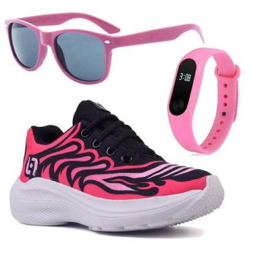 Imagem de Tenis Infantil De Amarrar Meninas Leve Desenhos LIGHT + Oculos Relogio