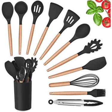 Imagem de Kit De Utensílios Silicone E Madeira P/ Cozinha 12 Peças PRETO - PRETO