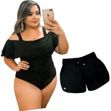 Imagem de Kit Short Feminino Plus Size Saída De Praia + Body Babado Ciganinha - 