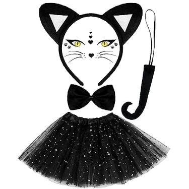 Imagem de Newcotte Conjunto de 5 peças de fantasia de gato preto, orelhas de gato, gravata borboleta com lantejoulas, tutu e adesivo de rosto de gato para vestido adulto de Halloween (crianças, preto)