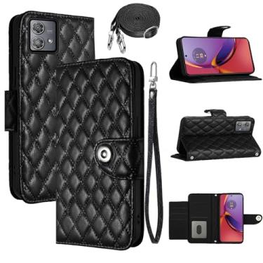 Imagem de Dswteny Capa carteira para Motorola Edge 40 Neo com alça de ombro transversal, padrão Argyle PU couro flip suporte de crédito capa de celular para Moto Edge40 40Neo 5G meninas mulheres preta