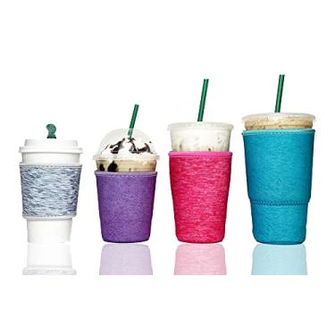 Imagem de Manga de café gelado Baxendale para copos de bebida fria - Pacote com 4 capas de copo de manga de café gelado de neoprene para bebidas frias, reutilizável compatível com Starbucks Dunkin, 4 mm de espessura (4 PK PP/P/M/G, mesclado)