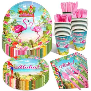 Imagem de Conjunto de 175 peças de artigos de festa de flamingo tropical Aloha – serve 25, talheres descartáveis havaianos Luau, inclui pratos, copos, guardanapos, garfos, colheres, facas para decoração de