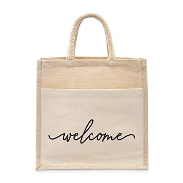 Imagem de WEDDINGSTAR Sacola personalizada de juta média com bolso, Bem-vindo(a), Medium