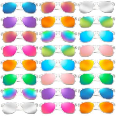 Imagem de Pacote com 24 óculos de sol cor neon clássico armação transparente lentes espelhadas masculino/feminino a granel aniversário praia piscina lembrancinhas de festa