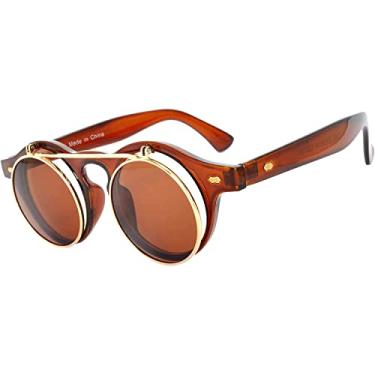 Imagem de OWL Óculos de sol Steampunk vintage retrô redondo gótico hippie armação de plástico colorido lentes coloridas, Flipup/marrom