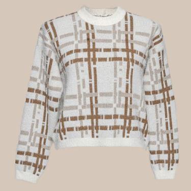 Imagem de Blusa Cropped  Xadrez Tricot Feminina - Michele Tricot, G, Bege nuvem