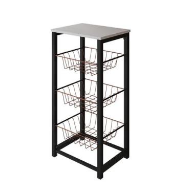 Imagem de Fruteira de Chão Cozinha Desmontada Aço Preto Cesto Cobre Tampo Branco