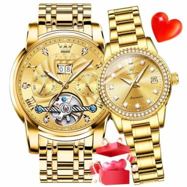 Imagem de OLEVS Conjunto de relógios de pulso românticos para homens e mulheres combinando automaticamente para ele e para ela, CP9910: GG