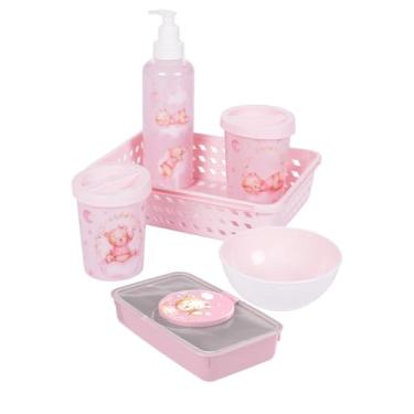 Imagem de Kit Higiene Infantil 6 Peças Porta Lenço Umedecido Cotonete Cesto Bebê Uso Diário (Rosa Ursa)