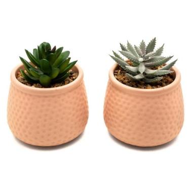 Imagem de Kit 2 Arranjos Artificial Planta Suculenta Verde Vasos Vasinhos Cerâmi