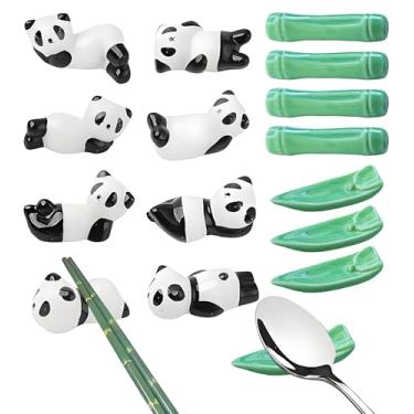 Imagem de HOLLIHI Conjunto de 16 descansos de pauzinhos fofos, suporte de pincel de pintura chinesa, estilo japonês, panda de cerâmica, folha de bambu, colher de porcelana, garfo, suporte para facas para