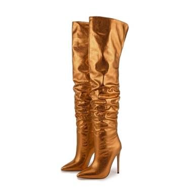 Imagem de Rock88 Botas femininas de salto alto acima do joelho, bico fino, botas de salto agulha de 12 cm, botas de cano alto com zíper lateral para o dia a dia e festas