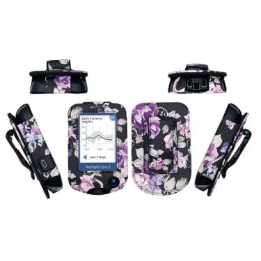 Imagem de Capa de couro de design premium com protetor de tela, clipe de cinto e mosquetão (cordão de pescoço e mosquetão) para Freestyle Libre, Freestyle Libre 2, Freestyle Libre 3 (Preto/Catharanthus)