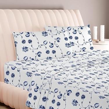 Imagem de Carressa Linen Conjunto de lençóis Queen de algodão egípcio luxuoso – Conjunto de 4 peças de grampos extralongos de 600 fios, lençóis estampados Blossom Azure Queen, lençóis macios e refrescantes até