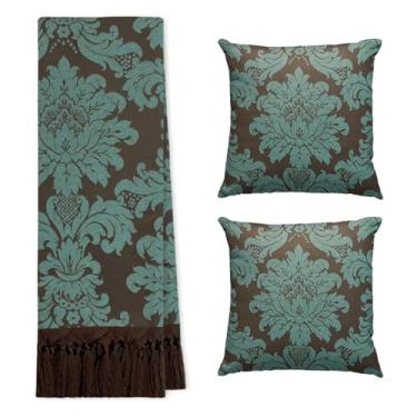 Imagem de Jogo Manta Xale para Sofá Artesanal com Franjas 1,40 x 2,20 com 2 Almofadas (225 TURQUESA E MARROM)