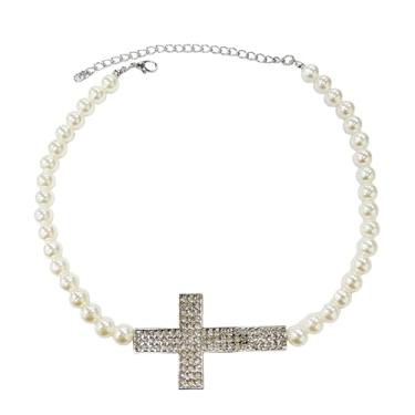 Imagem de Colar com pingente de crucifixo de cristal punk gótico e cruz de strass prata para mulheres e homens, colar hip hop, branco, redondo, com contas, corrente de clavícula, joia de fé dos anos 20, one