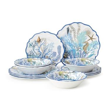 Imagem de Conjunto de louça de melamina Blue Lagoon com 12 peças – design coral costeiro e concha, serviço para pratos de jantar de 10 a 28 cm, pratos de salada de 23 cm e tigelas de 800 ml – Durável, leve,