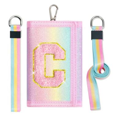 Imagem de cotmcor Carteiras infantis para meninas, adolescentes, 6-8, 8-10 anos, linda bolsa infantil com inicial de rebanho, bolso para moedas, glitter, arco-íris, carteira transversal para presentes de